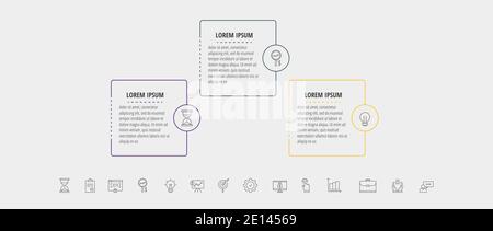Square vector line infographic with three steps, circles. Rectangular timeline used for diagram, chart, workflow layout, presentations, flowchart Stock Vector