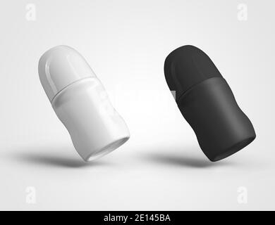 White, black roll-on antiperspirant template, empty jar for design presentation, brand advertisement. Mockup of plastic glossy matte deodorant isolate Stock Photo