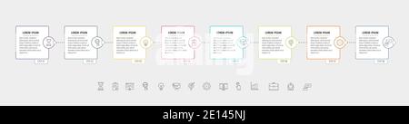 Square vector line infographic with eight steps, circles. Rectangular timeline used for diagram, chart, web, banner, workflow layout, presentations Stock Vector