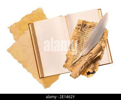 Old book with feather and scroll on white background Stock Photo