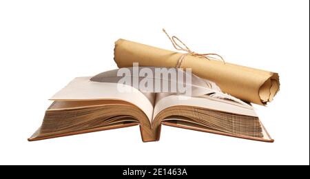 Old book with scroll and feather on white background Stock Photo