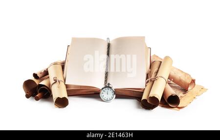 Old book with scrolls and compass on white background Stock Photo
