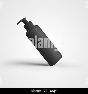 Matte black jar template with dispenser, empty bottle with trigger, for design presentation. Mockup container for skin care products, cream, isolated Stock Photo