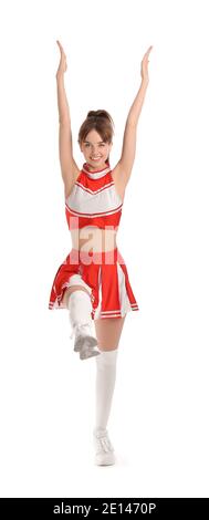 Beautiful young cheerleader on white background Stock Photo