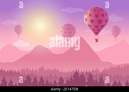 Vector illustration of landscape with hot air balloon above mountains in sunset. Romantic, Love, Valentine concept. Stock Vector