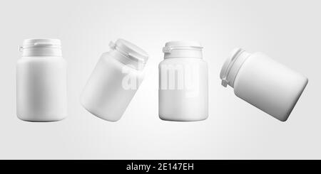 Mockup of white pill jar, vitamin, empty box with first tamper control, isolated on background. Tall bottle template for design presentation, pharmacy Stock Photo
