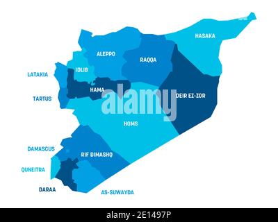 Blue political map of Syria. Administrative divisions - governorates. Simple flat vector map with labels. Stock Vector
