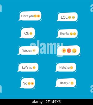Online communication phrases with smilies. Speech blue bubbles greeting with joyful laugh and denial. Stock Vector