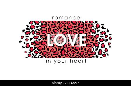 Jaguar skin romance love in you heart background. Tracery spots with red puma camouflage outlines in white leopard. Stock Vector