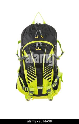 Sports black and yellow backpack for biking, hiking, climbing or traveling isolated on white background. Stock Photo