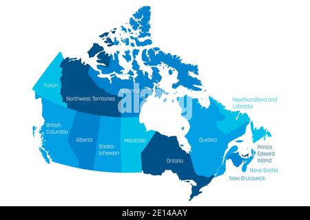 Map of Canada divided into 10 provinces and 3 territories. Administrative regions of Canada with labels. Vector illustration. Stock Vector