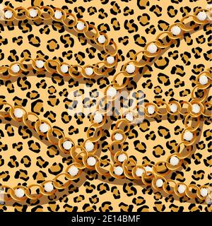 Tiger skin with gold chains and pearls seamless pattern. Yellow cat spots with black jaguar scheme. Stock Vector