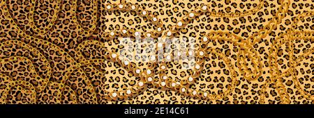 Leopard tracery with gold chains and pearls seamless pattern. Puma yellow spots with black jaguar scheme outlines. Stock Vector