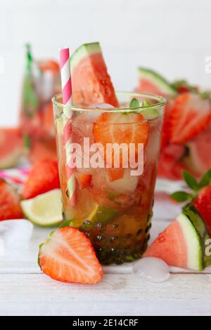 Strawberry And Water Melon Infused Water / Lemonade Stock Photo
