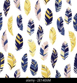 Bright colorful feathers seamless pattern. Ethnic boho texture in pastel colors. Light background. Vector illustration. Great for textile, print Stock Vector