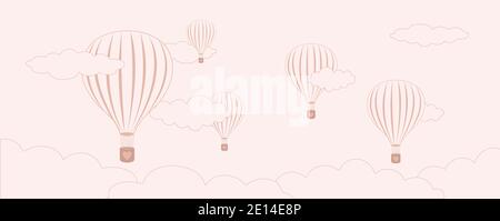 Valentines day banner with pink air balloon flying in the clouds on gentle dusty pink background  Vector illustration Stock Vector