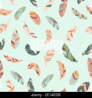 Bright colorful feathers seamless pattern. Ethnic boho texture in pastel colors. Light background. Vector illustration. Great for textile, print Stock Vector