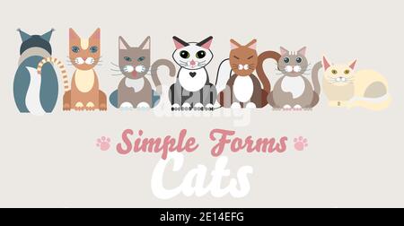 Flat cats family isolated vector set. Long banner cartoon illustration domestic cats Stock Vector