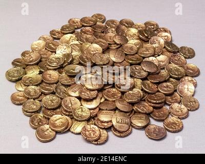 Iron Age gold stater coins from the Alton Hoard of Tincomarus of the Belgic ancient Briton Atrebates tribe found in the South of England UK, stock pho Stock Photo