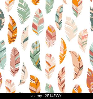 Bright colorful feathers seamless pattern. Ethnic boho texture in pastel colors. Light background. Vector illustration. Great for textile, print Stock Vector