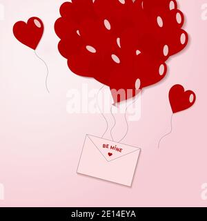 Valentines red hearts balloon with envelope, postcard on pink background. Love symbols in shape of heart for Happy Valentine's Day, Wedding. Engagemen Stock Vector