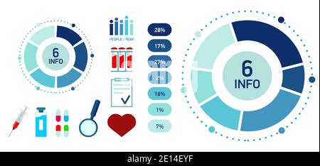 Blue Abstract medicine infographics. template cycle diagram, graph, presentation chart. Business concept with 6 options. Icon heart, magnifying glass, Stock Vector