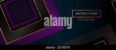 Modern design banner. Abstract background with dark red squares on a black. With bright gold stripes. Vector Luxury banner. Stock Vector