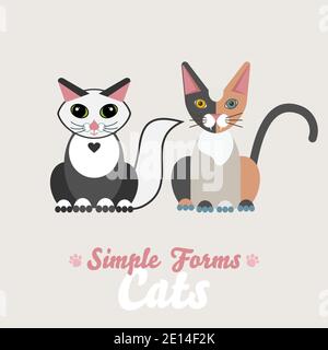 Flat cats sitting front view isolated vector. Cartoon illustration domestic cats Stock Vector