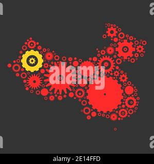 China map silhouette mosaic of cogs and gears. Illustration in national colors on dark grey background. Stock Vector