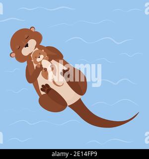 Mother otter swims with her sleeping cute baby in blue river. Cartoon water animal vector illustration. Mother's Day concept. Stock Vector