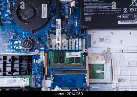 Interior of an old laptop, dirt and all. Stock Photo