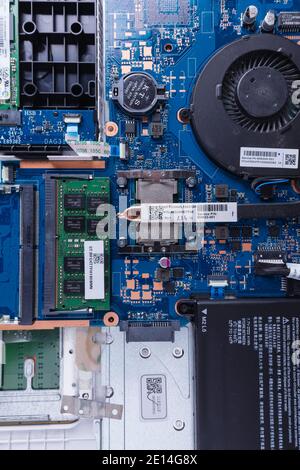 Interior of an old laptop, dirt and all. Stock Photo