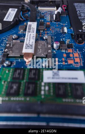 Interior of an old laptop, dirt and all. Stock Photo
