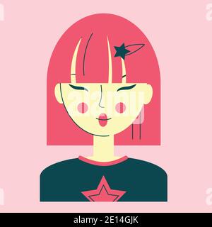 Portrait of young asian woman with pink hair, face with narrow eyes, teenager in a sweatshirt with a star, vector illustration Stock Vector