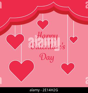 Happy Valentines Day square greeting card, red ribbon with hearts on strings, vector illustration Stock Vector