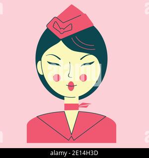 Portrait of a young asian woman in the uniform of a stewardess, a face with narrow eyes, a cap hostess profession, vector illustration Stock Vector