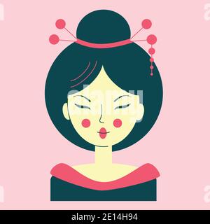 Portrait of a young asian woman in a geisha costume, avatar pink color, face with narrow eyes, geisha with a decoration in her hairstyle, vector illus Stock Vector