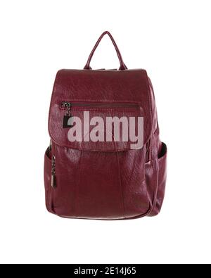 Fashionable red female leather backpack isolated on white background Stock Photo