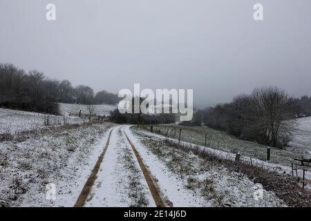 Fields and meadows on a frosty winter morning Stock Photo