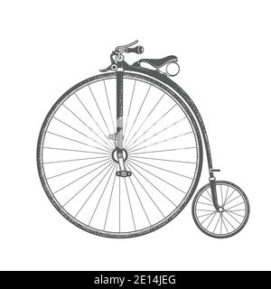 Penny-farthing, retro bicycle with large front wheel, vintage bike of 1870s, vector Stock Vector