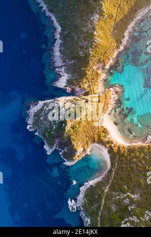 Aerial coastal view of Porto Timoni beach on the Akra Arilla peninsula, Corfu, Ionian Islands, Greece Stock Photo