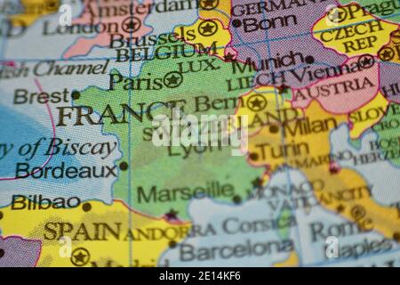 Macro Close up of a World Map Globe With Focus on France and Western Europe Stock Photo