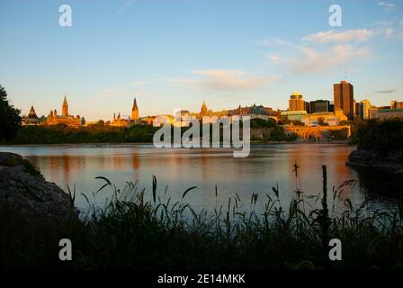 Wide View of Skyline from across the Ottawa River in Evening Light, Ottawa, Ontario, Canada