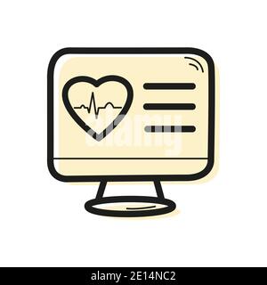 Vector linear color icon in the form of a computer monitor with a heart and an ECG graph inside. Telemedicine and cardiology concept. Stock Vector