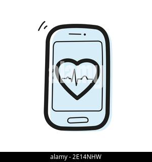 Vector linear color icon in the form of a smartphone with a heart and an ECG graph inside. Telemedicine and cardiology concept. Stock Vector