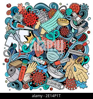 Coronavirus hand drawn cartoon doodles illustration. Quarantine objects ...