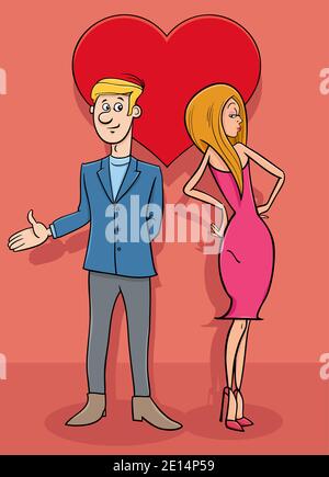 Valentines Day greeting card cartoon illustration with woman and man couple characters in love Stock Vector