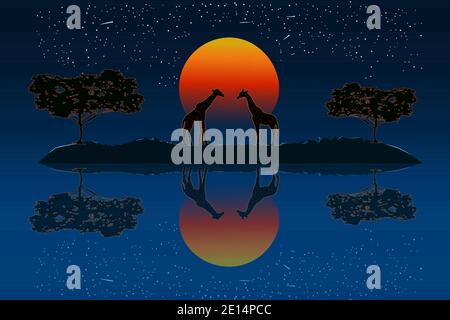 Couple of giraffes in the African savanna at sunset. Two giraffe silhouette near the river with reflection. Nature of Africa. Africa Day. Vector Stock Vector