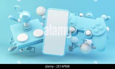 Mobile screen surrounded by blue gaming elements 3d rendering mock up Stock Photo