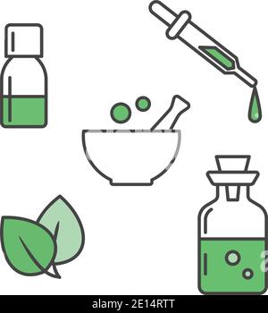 Ayurveda and alternative medicine concept. Outline flat icon set. Isolated on white background. Stock Vector